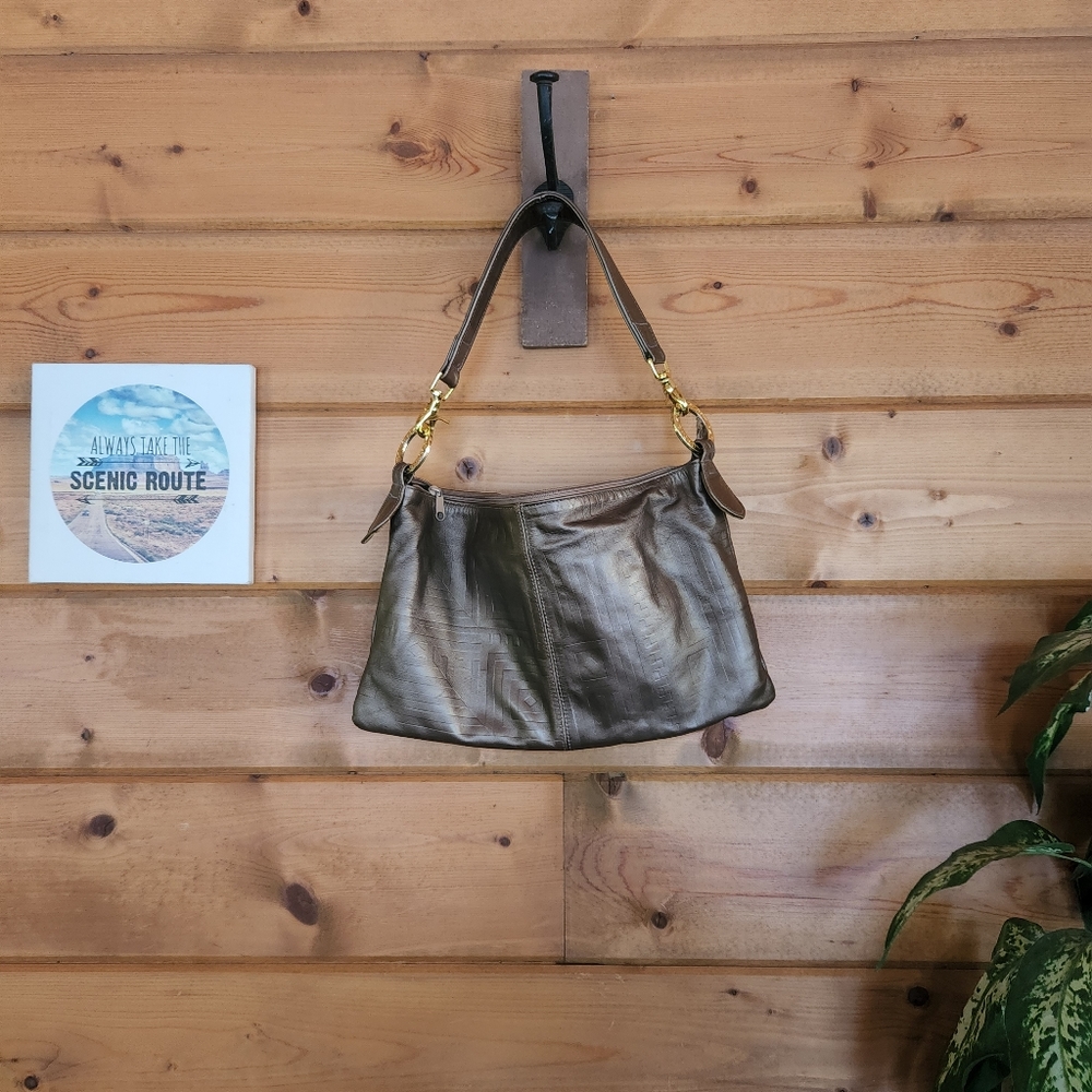 Andre Oliver 💜 Vintage‎ Leather Shoulder Bag Purse Metallic Bronze Gold Emboss